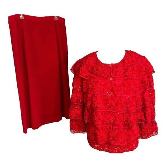 Vintage Dresses & Skirts - Vintage red three piece set maxi dress with floral lace embellished jacket